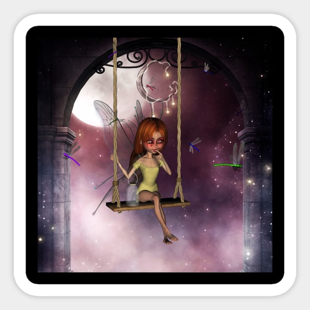 Little fairy on a swing with dragonfly in the night Sticker by Nicky2342